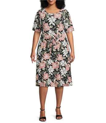 Kasper Plus Size Floral Short Sleeve Tie Waist Fit And Flare Midi Dress