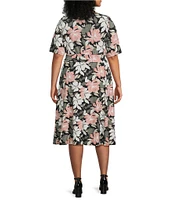 Kasper Plus Size Floral Short Sleeve Tie Waist Fit And Flare Midi Dress