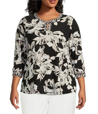 Kasper Plus Size Floral Twist Neck Mix Media Blouse