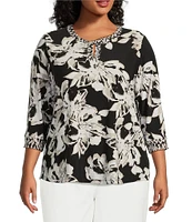 Kasper Plus Size Floral Twist Neck Mix Media Blouse