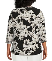 Kasper Plus Size Floral Twist Neck Mix Media Blouse