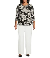 Kasper Plus Size Floral Twist Neck Mix Media Blouse