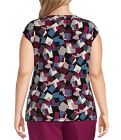 Kasper Plus Size Geometric Print Cowl Neck Cap Sleeve Fitted Knit Top