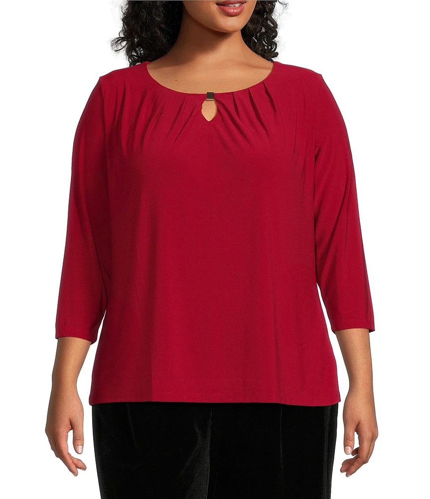 Kasper Plus Size Gold-Embellished Pleated Keyhole Crew Neck 3/4 Sleeve Top