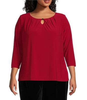 Kasper Plus Size Gold-Embellished Pleated Keyhole Crew Neck 3/4 Sleeve Top