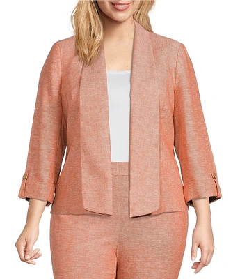 Kasper Plus Size Linen 3/4 Roll-Tab Sleeve Shawl Collar Open Front Jacket