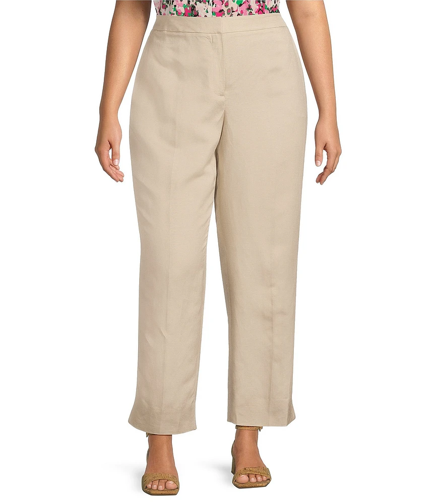 Kasper Plus Size Linen Blend Fly Front Elastic Back Pants