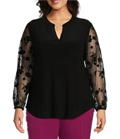 Kasper Plus Size Mix Media Split Neck Mesh Long Sleeve Top