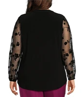 Kasper Plus Size Mix Media Split Neck Mesh Long Sleeve Top