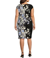 Kasper Plus Size Petra Stretch Crepe Floral Print Scoop Neck Sleeveless Ruched Sheath Dress