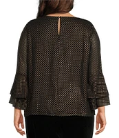 Kasper Plus Size Polka Dot Crew Neck Tiered 3/4 Flutter Sleeve Top