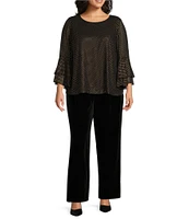 Kasper Plus Size Polka Dot Crew Neck Tiered 3/4 Flutter Sleeve Top