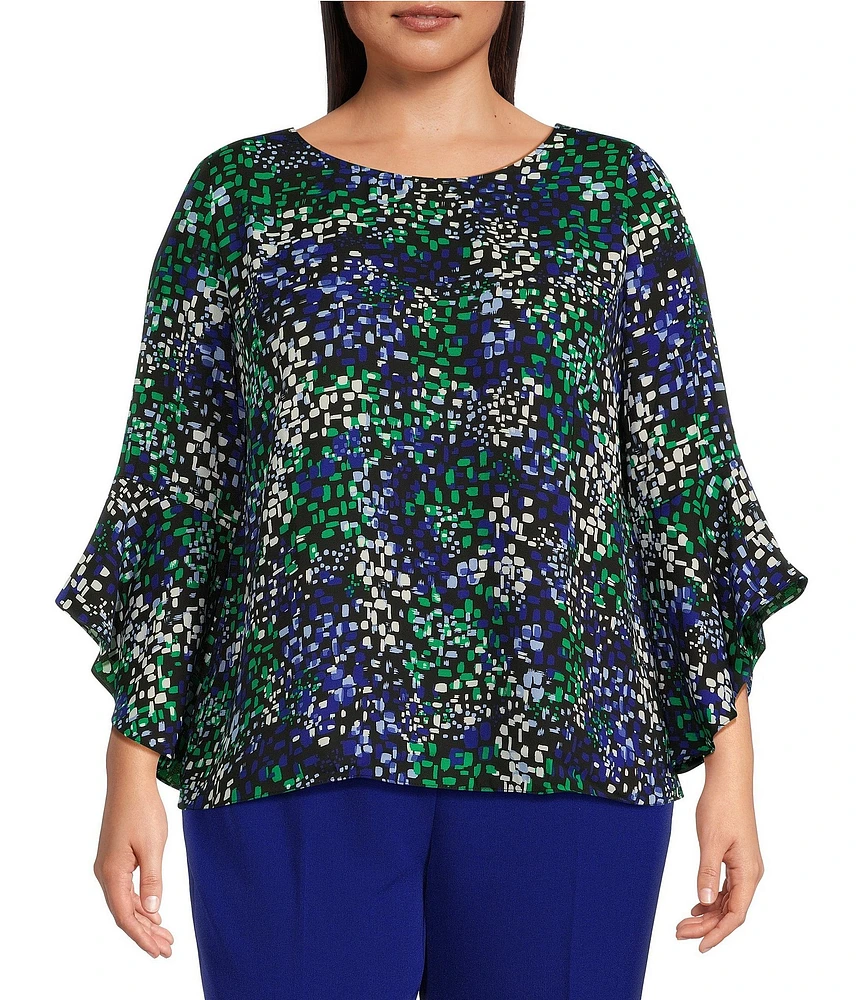 Kasper Plus Size Printed Crepe de Chine 3/4 Ruffle Sleeve Crew Neck Blouse