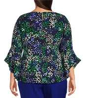 Kasper Plus Size Printed Crepe de Chine 3/4 Ruffle Sleeve Crew Neck Blouse