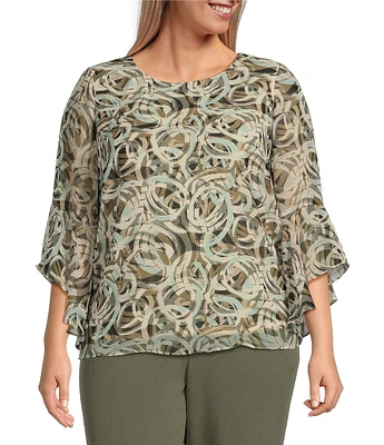 Kasper Plus Size Abstract Crew Neckline 3/4 Flutter Sleeve Blouse