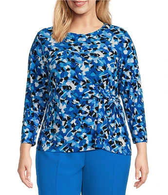 Kasper Plus Size Abstract Print Crew Neckline 3/4 Sleeve Tie Front Top