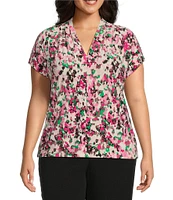 Kasper Plus Size Printed Extended Cap Sleeve Funnel Neck Stretch Blouse