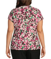 Kasper Plus Size Printed Extended Cap Sleeve Funnel Neck Stretch Blouse