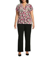 Kasper Plus Size Printed Extended Cap Sleeve Funnel Neck Stretch Blouse