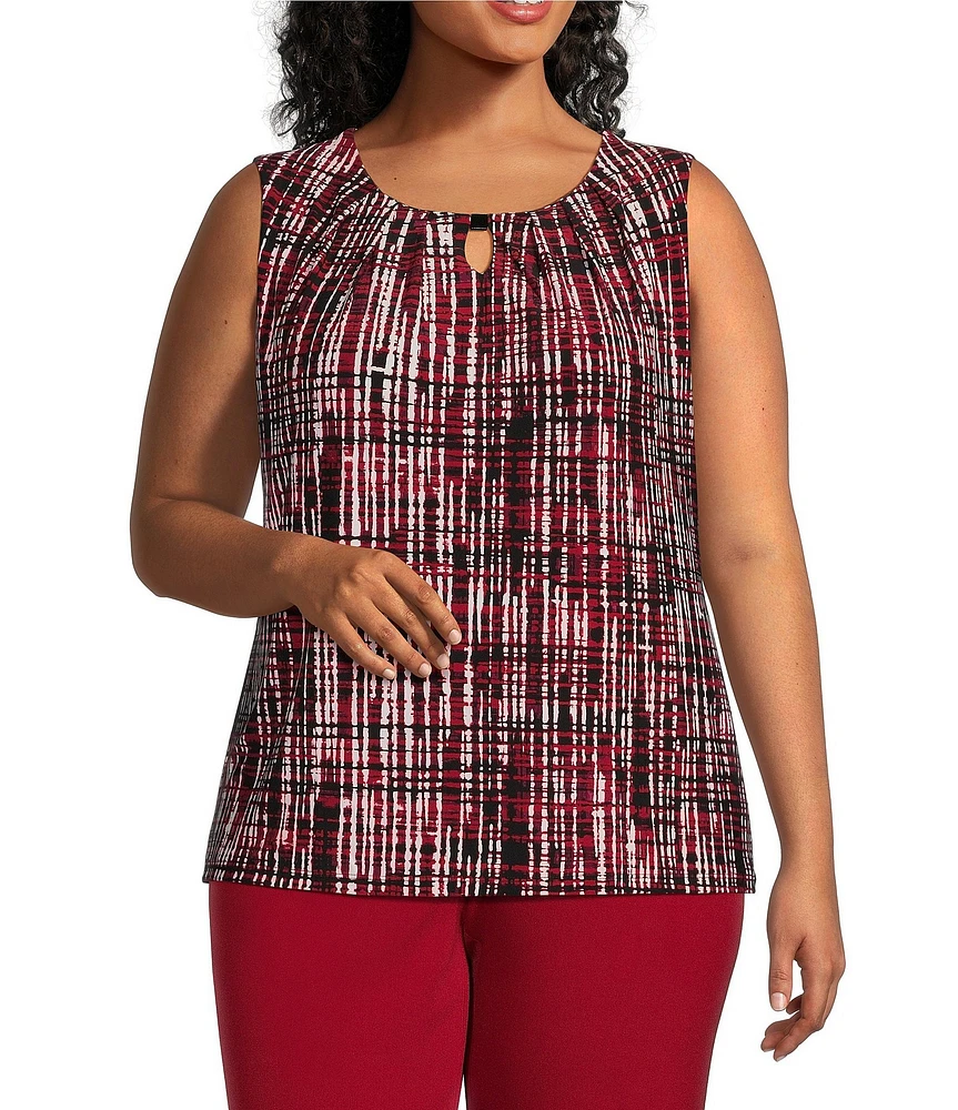 Kasper Plus Size Printed Keyhole Hardware Pleated Crew Neck Sleeveless Top