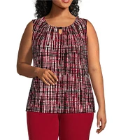 Kasper Plus Size Printed Keyhole Hardware Pleated Crew Neck Sleeveless Top