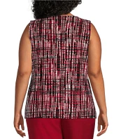 Kasper Plus Size Printed Keyhole Hardware Pleated Crew Neck Sleeveless Top