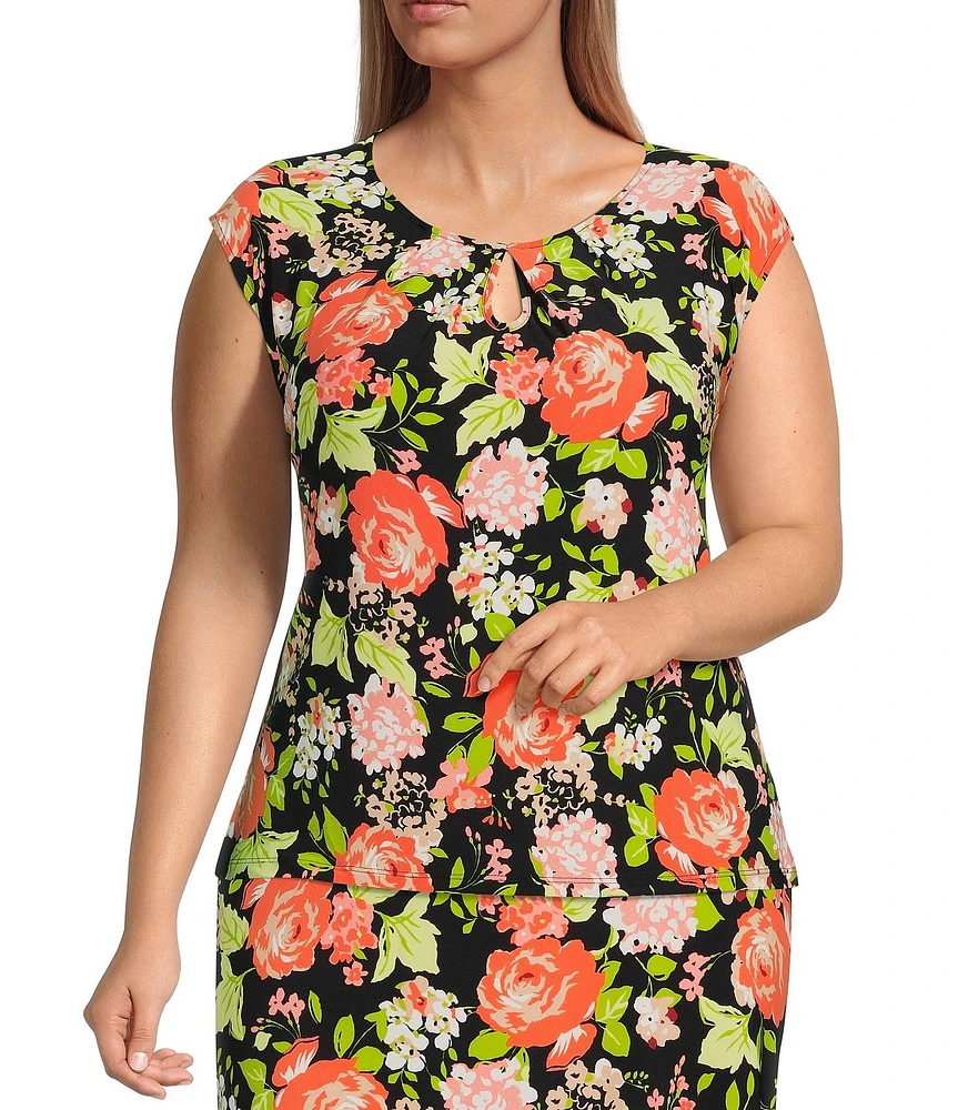 Kasper Plus Size Printed Keyhole Neck Cap Sleeve Coordinating Top