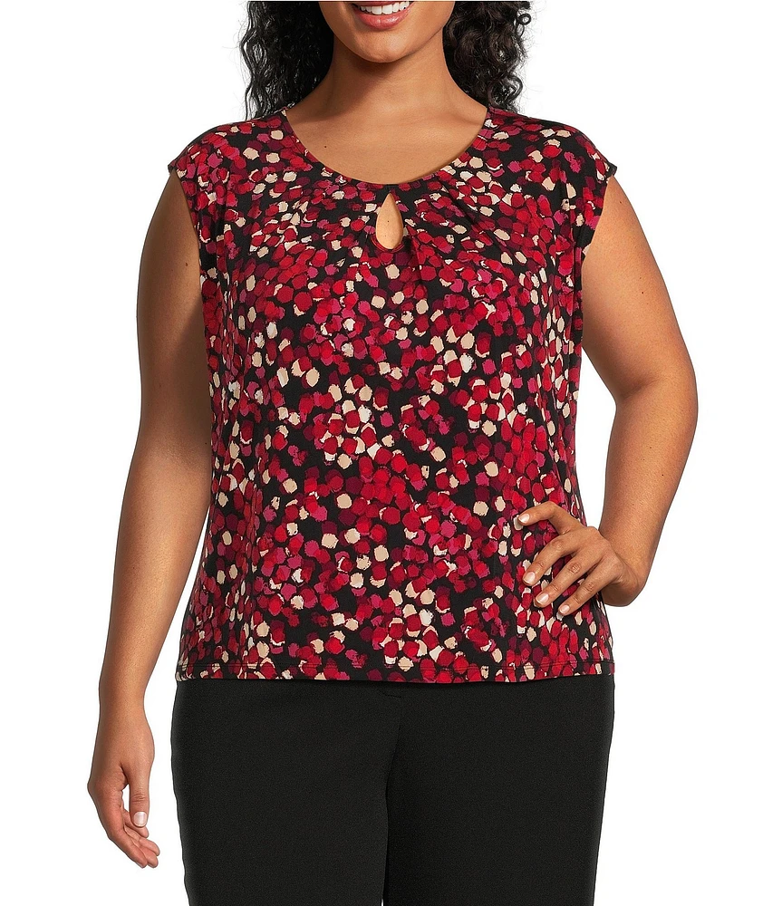 Kasper Plus Size Printed Keyhole Neck Cap Sleeve Top