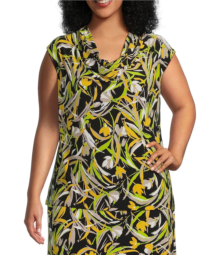 Kasper Plus Size Printed Knit Jersey Cowl Neck Cap Sleeve Coordinating Top