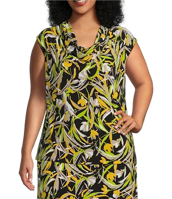 Kasper Plus Size Printed Knit Jersey Cowl Neck Cap Sleeve Coordinating Top
