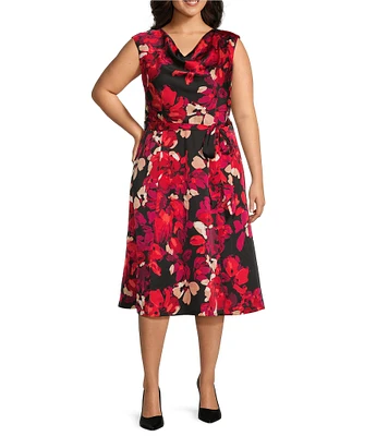 Kasper Plus Size Printed Satin Cowl Neck Sleeveless Tie-Waist Flare Dress