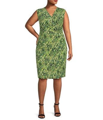 Kasper Plus Size Printed Signature ITY V-Neck Sleeveless Gold Buckle Wrap Sheath Dress