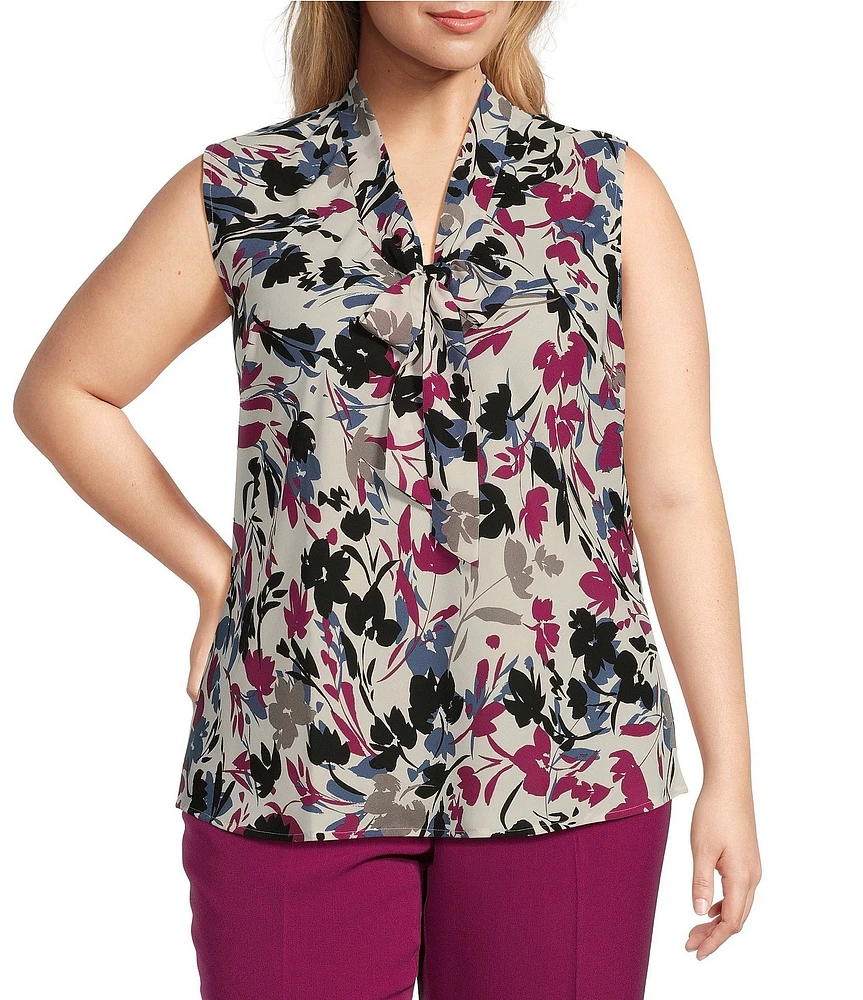 Kasper Plus Size Printed V-Neck Sleeveless Tie Front Blouse