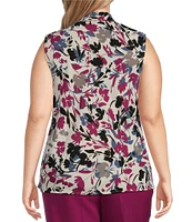 Kasper Plus Size Printed V-Neck Sleeveless Tie Front Blouse