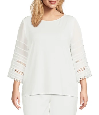 Kasper Plus Size Round Neck 3/4 Pleated Bell Sleeve Top