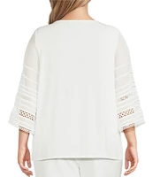 Kasper Plus Size Round Neck 3/4 Pleated Bell Sleeve Top