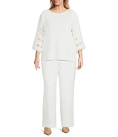 Kasper Plus Size Round Neck 3/4 Pleated Bell Sleeve Top
