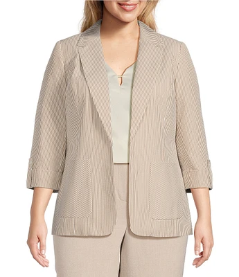 Kasper Plus Size Seersucker Notch Lapel 3/4 Roll-Tab Sleeve Coordinating Patch Pocket Jacket