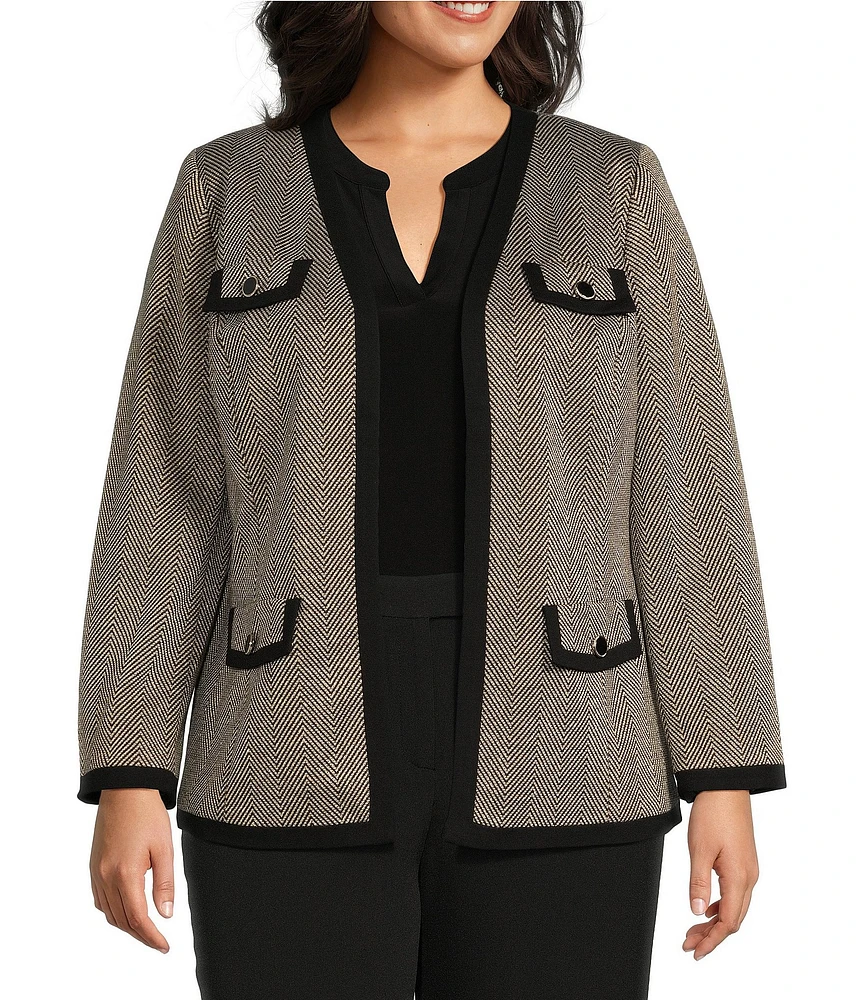 Kasper Plus Size Shimmer Herringbone Framed Patch Pocket Lady Jacket