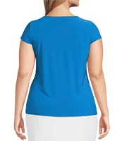 Kasper Plus Size Solid Draped Neck Short Sleeve Fitted Top