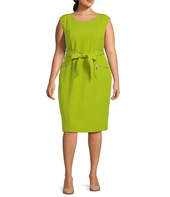 Kasper Plus Size Stretch Crepe Cap Sleeve Belted Zipper Pocket Sheath Dress