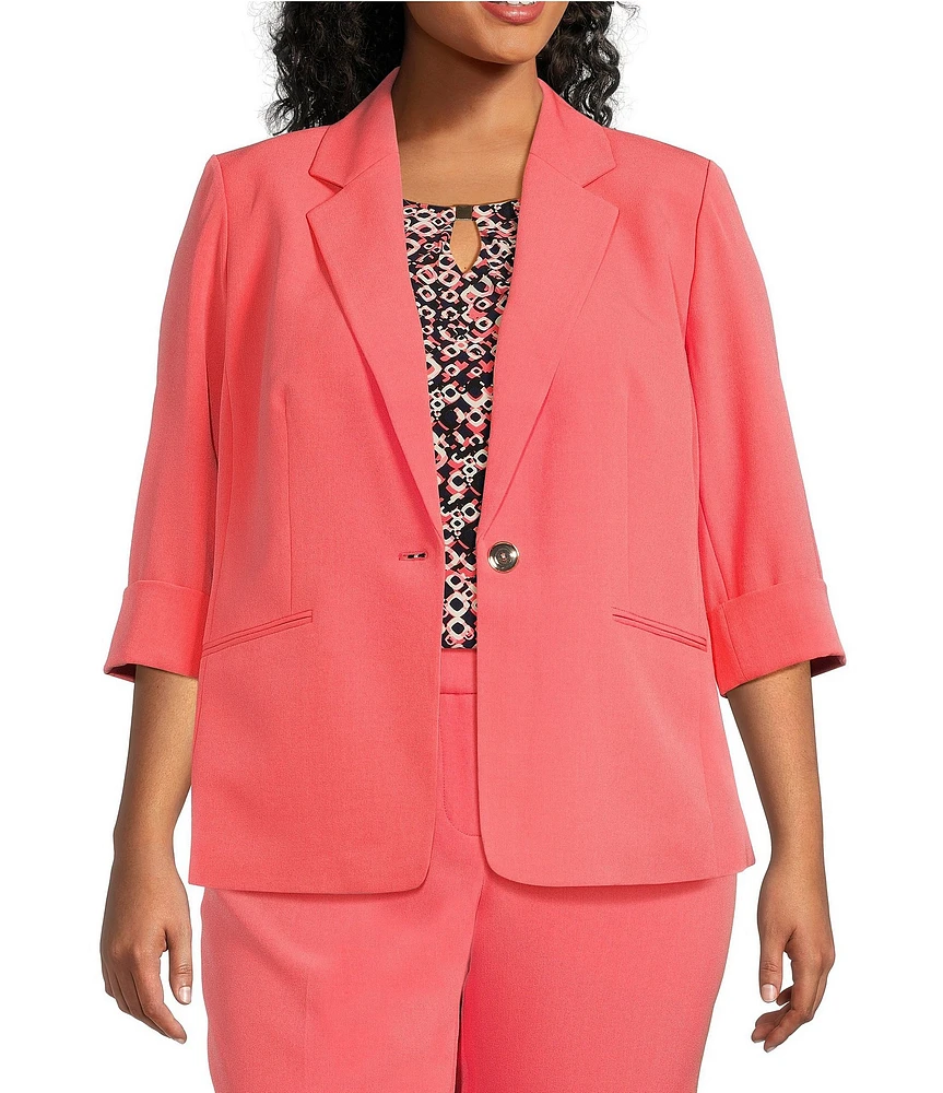 Kasper Plus Size Stretch Crepe Notch Lapel Rolled Cuff Sleeve Blazer