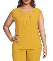 Kasper Plus Size Stretch Twist Crew Neck Cap Sleeve Top