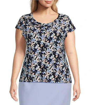 Kasper Plus Size Woven Floral Print Cowl Neck Cap Sleeve Blouse