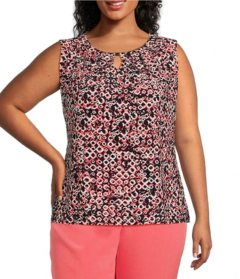 Kasper Plus Size Woven Printed Hardware Detail Keyhole Neck Sleeveless Pleated Blouse