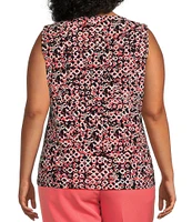 Kasper Plus Size Woven Printed Hardware Detail Keyhole Neck Sleeveless Pleated Blouse