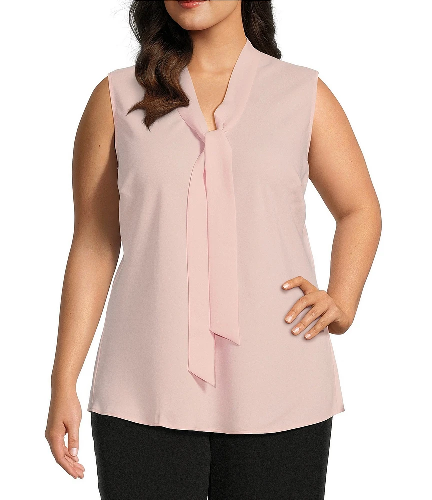Kasper Plus Size Woven V-Neck Sleeveless Tie Front Blouse