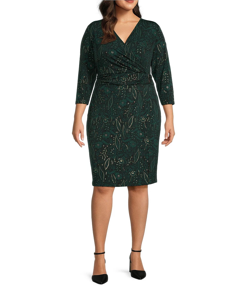 Kasper Plus Size Wrap V-Neck 3/4 Sleeve Pull-On Dress