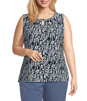 Kasper Plus Size Stretch Abstract Printed Pleated Keyhole Neckline Sleeveless Top