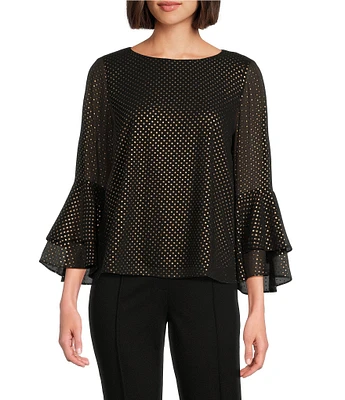 Kasper Polka Dot Crew Neck Tiered 3/4 Flutter Sleeve Top